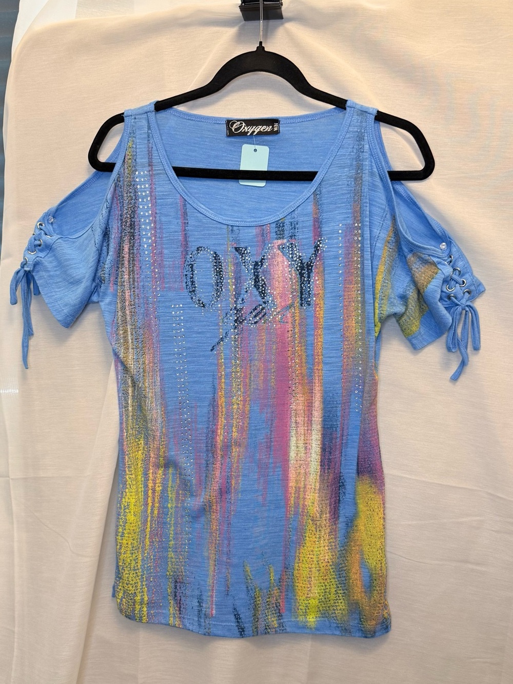 Blue Cold-Shoulder Bling Graphic Top